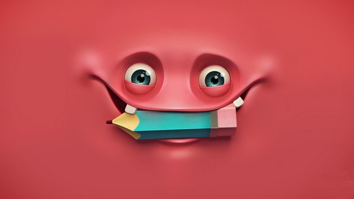 Cartoon face with a pencil in its mouth
