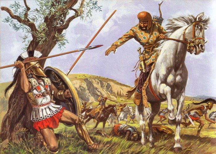 Ancient warriors clash with spears on horseback