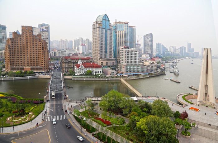 Shanghai Bund waterfront with bridges and skyscrapers