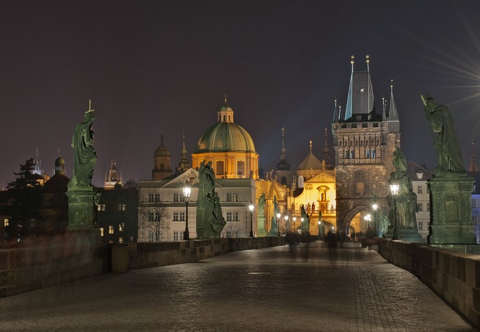 Charles Bridge at night in Prague, Czech Republic