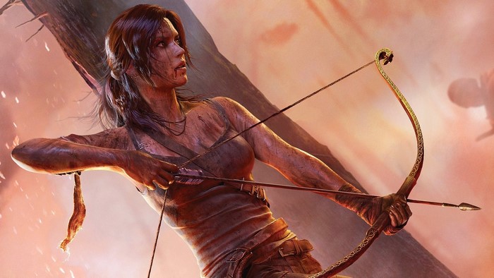 Lara Croft from Tomb Raider aiming a bow