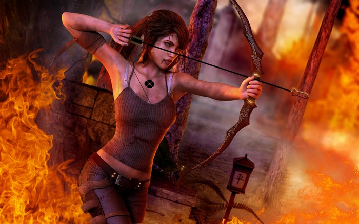 Lara Croft from Tomb Raider with bow and arrow in fire