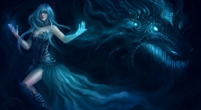 Woman conjuring a spectral dragon