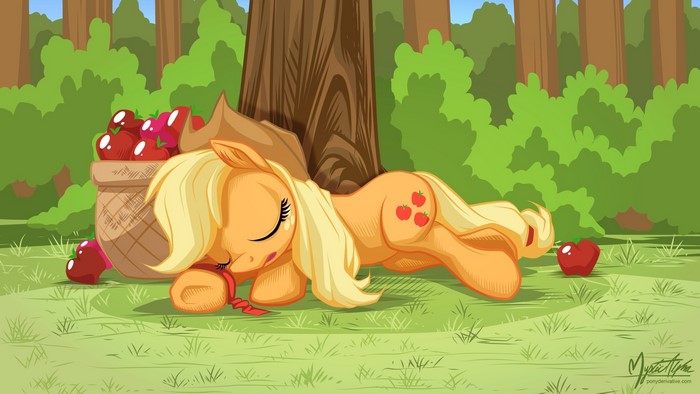 Applejack from My Little Pony sleeping by a tree with apples