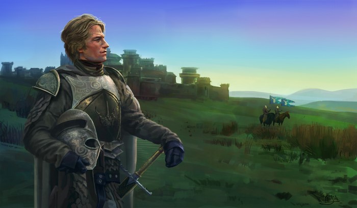 Man in armor with sword and helmet near castle