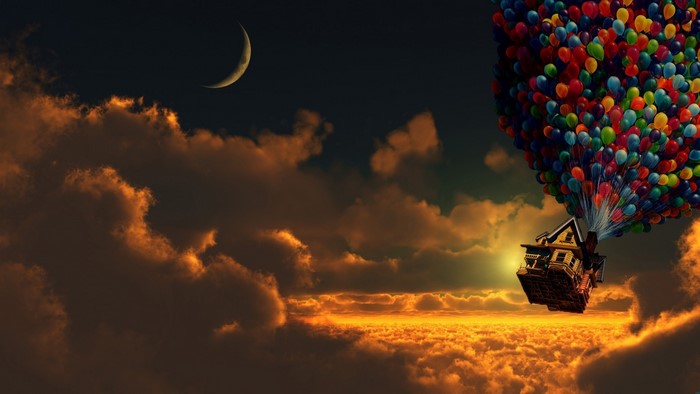 House lifted by balloons from Up flying through clouds