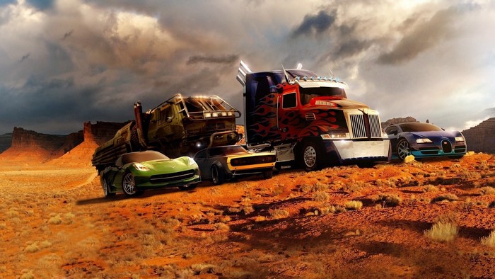 Transformers Optimus Prime and other vehicles in desert