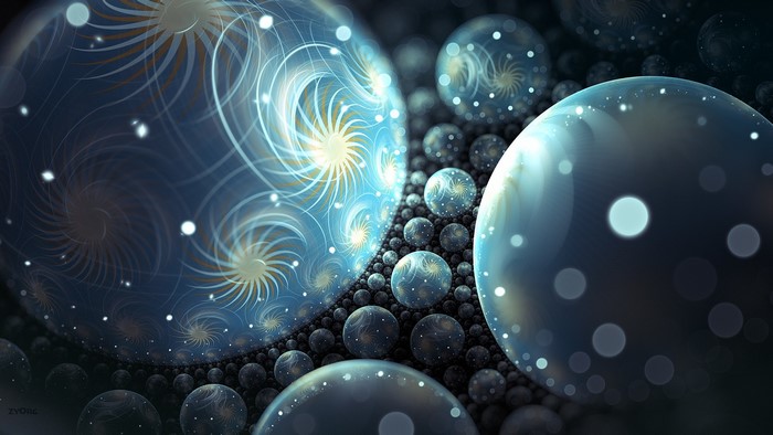 Abstract fractal spheres with glowing patterns