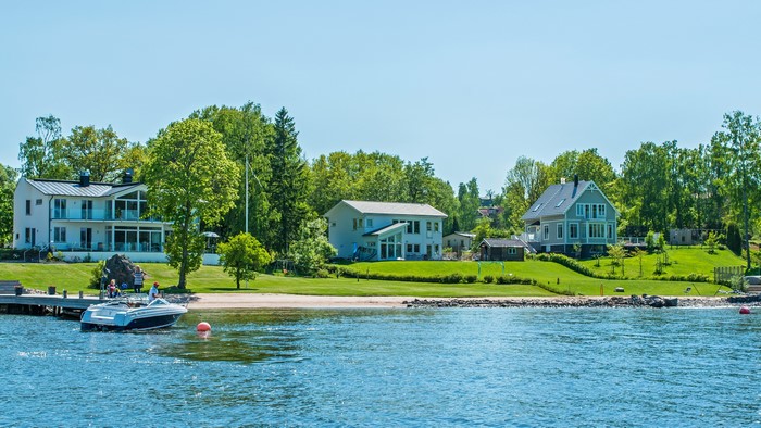 Houses on the shore of a lake in Vaxholm, Sweden