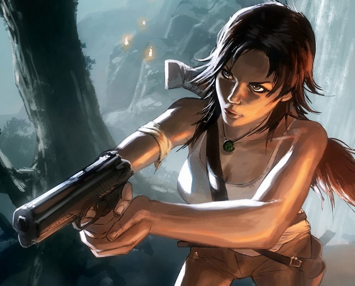 Lara Croft from Tomb Raider holding a pistol