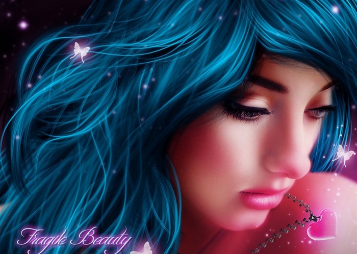 Digital painting of a woman with blue hair and butterflies