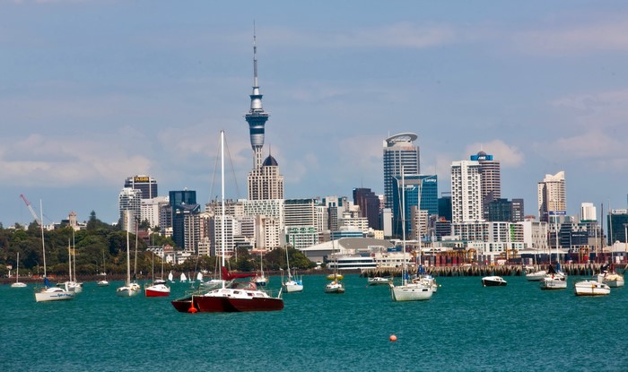 Auckland skyline with yachts in the harbor, New Zealand