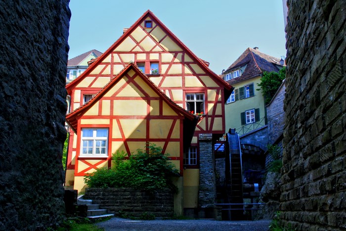 Half-timbered houses and water wheel in Meersburg, Germany