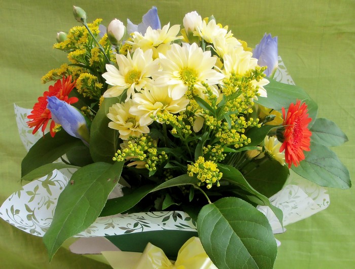 Bouquet of yellow daisies, red gerberas, and blue irises
