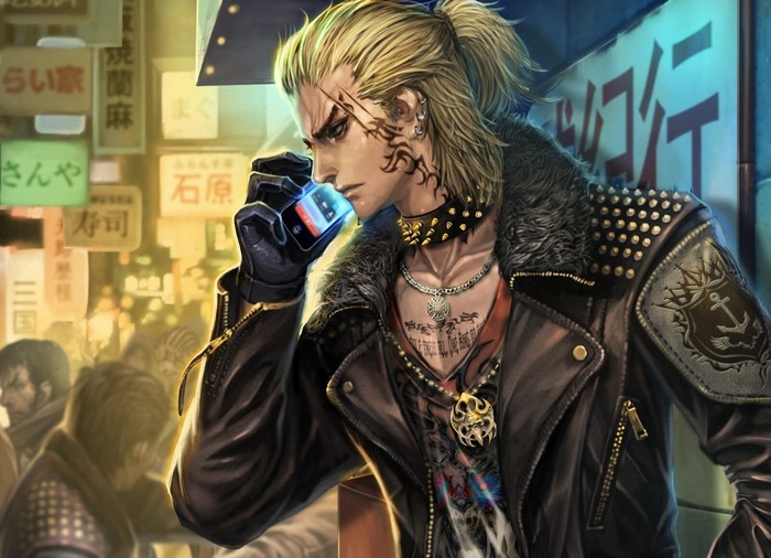 Man with blonde ponytail holding a phone