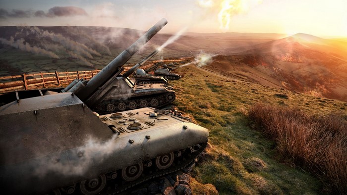 World of Tanks SPGs firing on a hillside