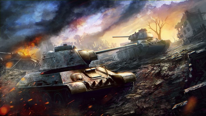 World of Tanks battle scene with damaged buildings