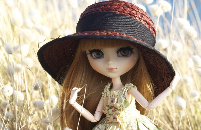 Doll wearing a straw hat in a field
