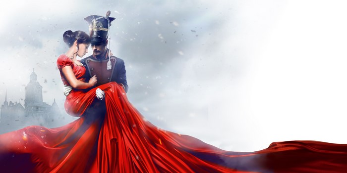 The Ballad of Uhlans: Man in uniform carrying a woman in red dress