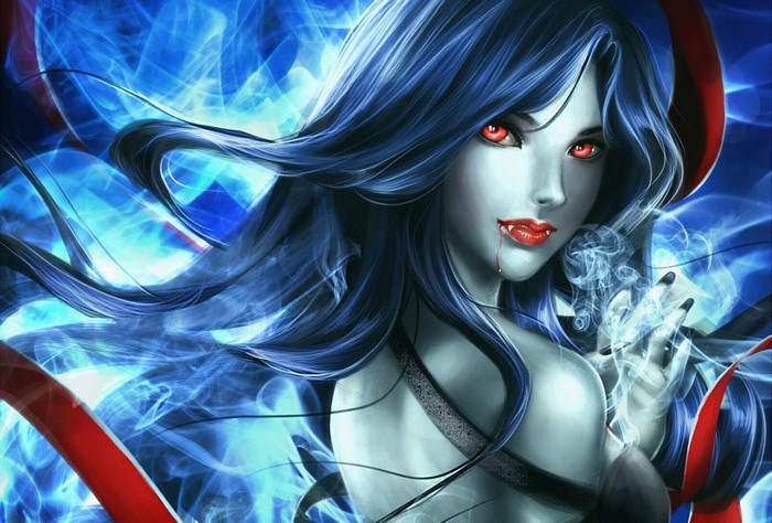 Vampire woman with blue hair and red eyes