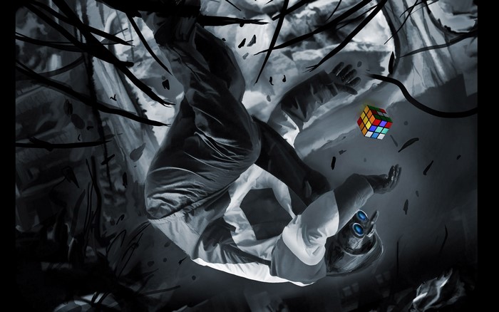 Romantically Apocalyptic character falling with Rubik's Cube
