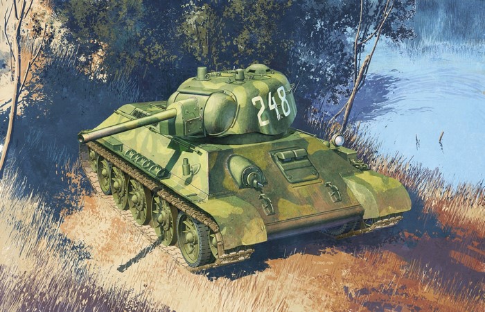 T-34-76 tank in camouflage by a body of water