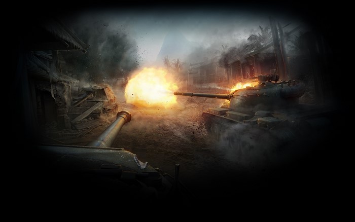 Tanks firing in a battle scene