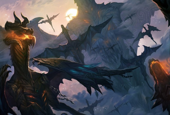 A horde of dragons in a mountainous landscape