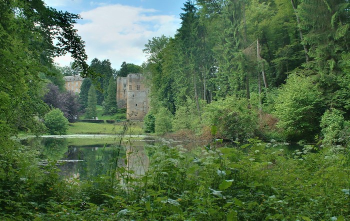 Beaufort Castle in Luxembourg surrounded by trees and a lake