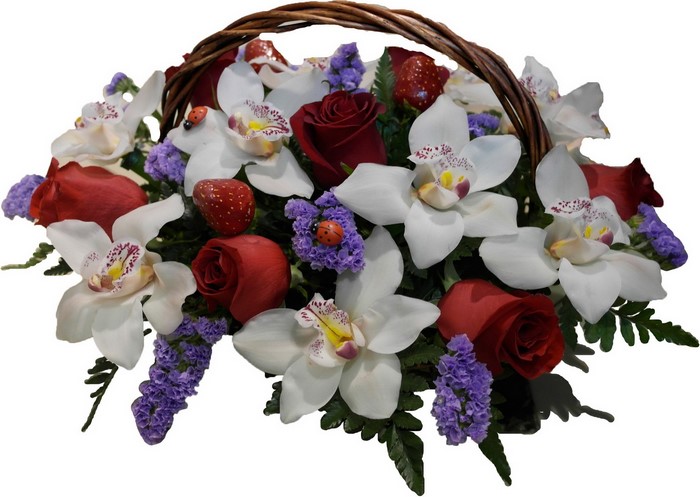 Orchid and Rose Flower Arrangement in Wicker Basket