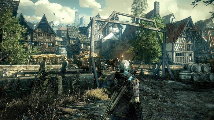 Geralt of Rivia from The Witcher 3: Wild Hunt in a town