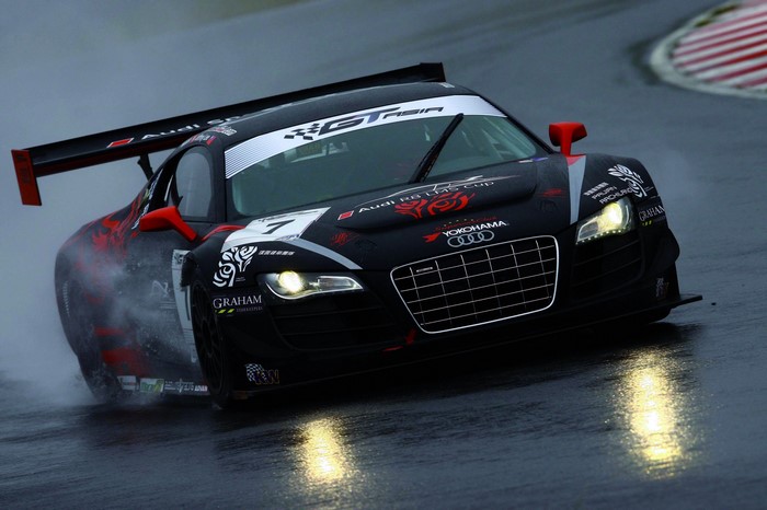 Audi R8 LMS Cup race car on wet track