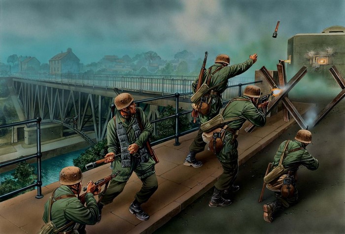 Soldiers in battle near a bridge