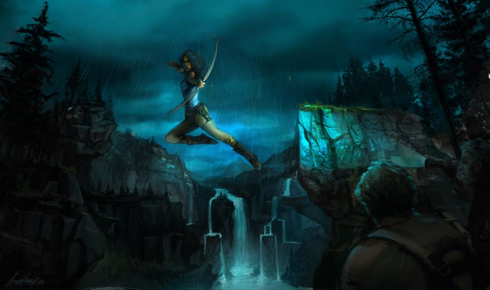 Lara Croft from Tomb Raider jumping with a bow