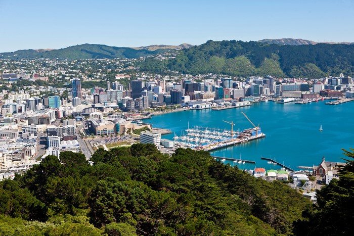 Wellington, New Zealand Cityscape and Harbor from Above