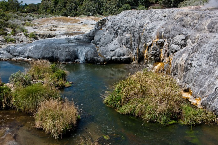 Geothermal Valley with River and Vegetation, New Zealand