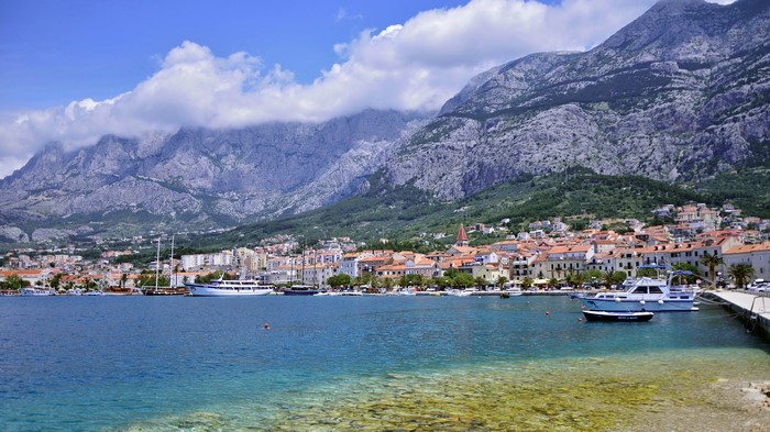 Makarska, Croatia Coastline with Mountains and Marina