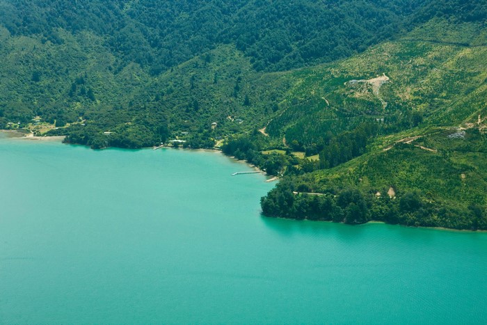 Turquoise water and green hills in New Zealand