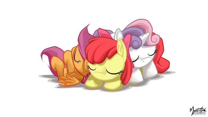 Three My Little Pony characters sleeping together