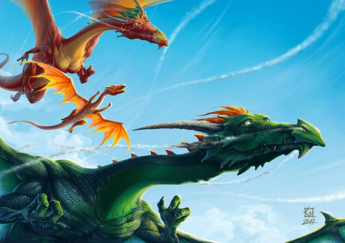 Four Dragons Flying in a Blue Sky