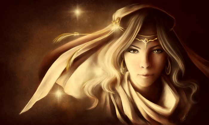 Painting of a woman with flowing blonde hair and golden adornments