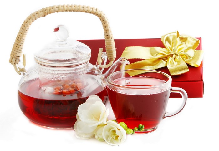 Tea set with gift box and flowers