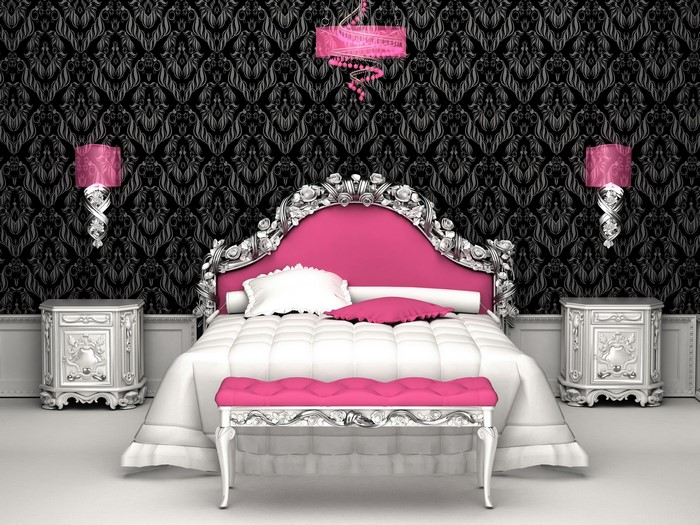 Luxurious bedroom with pink and black damask wallpaper