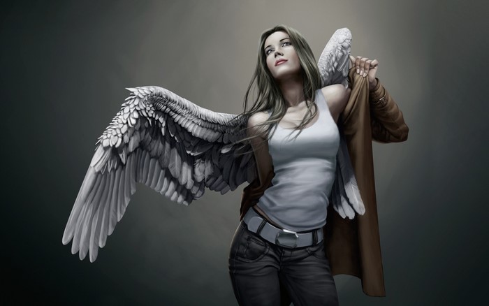 Woman with white wings wearing a singlet and jeans