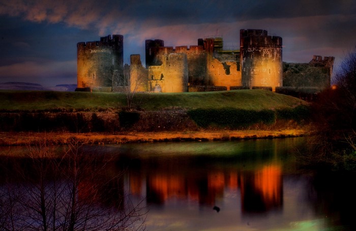 Caerphilly Castle at night in Wales