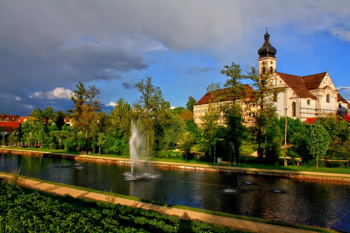 Ehingen, Germany canal with church and fountains