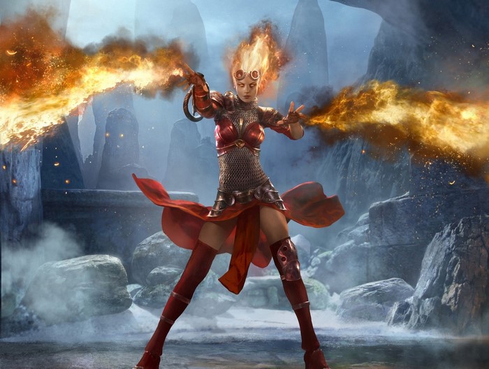 Chandra Nalaar from Magic: The Gathering casting fire spells