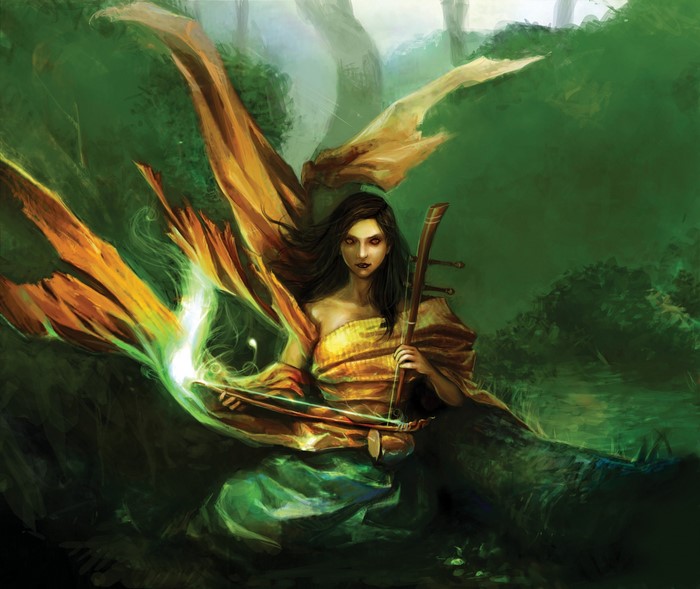 Woman playing a stringed instrument with magical energy