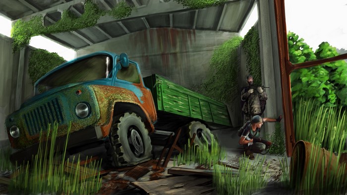 Two soldiers in a ruined garage with a rusty truck