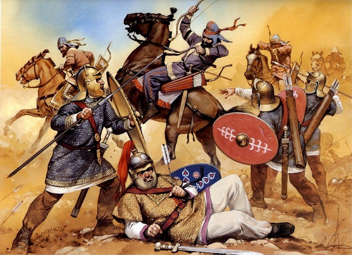 Painting of ancient warriors in battle with horses and shields